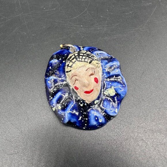 HKJ Jewelry - Vintage Harlequin Clown Pendant Bold Blue Cosmic Ceramic Charm Quirky Handmade